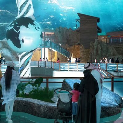 Concept art for the blue world central hub at SeaWorld Abu Dhabi