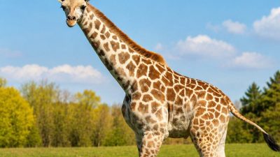 A young giraffe calf walks across open grass under a blue sky at African Lion Safari.