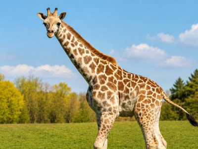 A young giraffe calf walks across open grass under a blue sky at African Lion Safari.