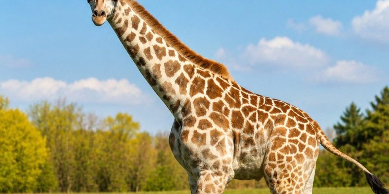 A young giraffe calf walks across open grass under a blue sky at African Lion Safari.