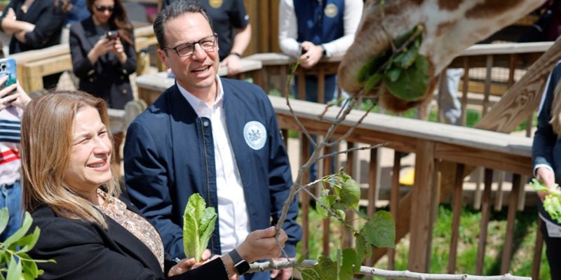 Governor Josh Shapiro and First Lady Lori Shapiro hold leafy browse up to a giraffe leaning over a wooden railing.