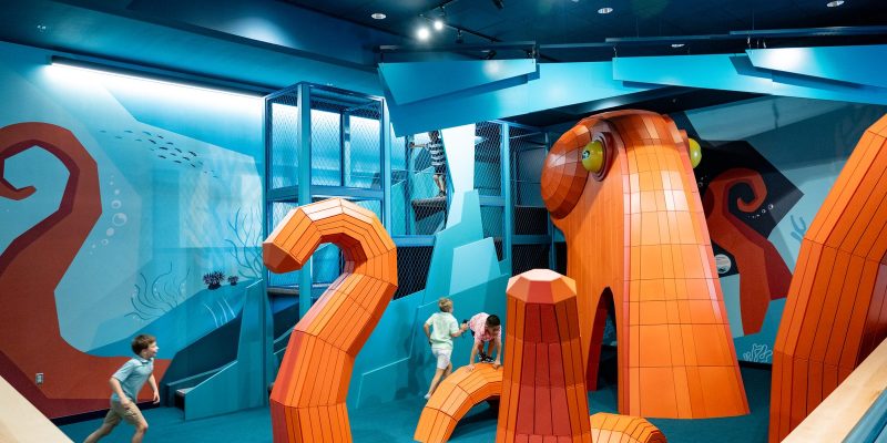 Children climb through a large orange octopus-shaped play structure inside a blue-walled indoor discovery center.