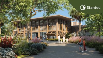 Architectural rendering of Zoo Miami's planned animal hospital, a low building with wooden louvered screens, surrounded by tropical planting and a guest pathway.