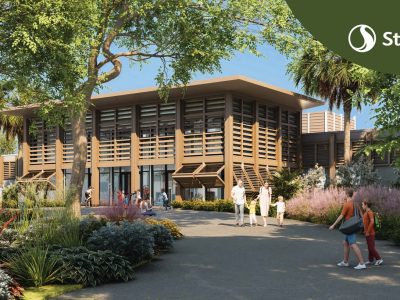 Architectural rendering of Zoo Miami's planned animal hospital, a low building with wooden louvered screens, surrounded by tropical planting and a guest pathway.