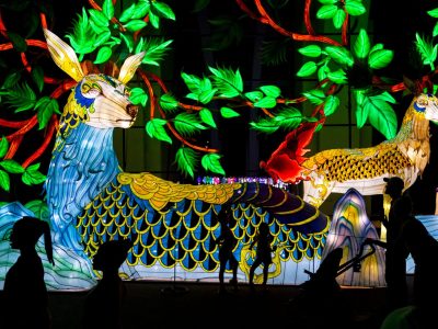 Visitors in silhouette walk past enormous illuminated lantern sculptures of deer-like creatures among glowing green foliage at night.