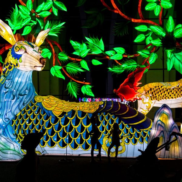 Visitors in silhouette walk past enormous illuminated lantern sculptures of deer-like creatures among glowing green foliage at night.