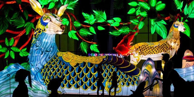 Visitors in silhouette walk past enormous illuminated lantern sculptures of deer-like creatures among glowing green foliage at night.