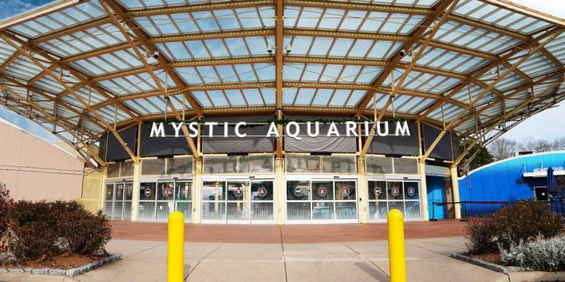 The entrance to Mystic Aquarium on a clear day