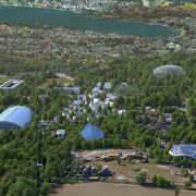 An aerial rendering of the planned Zoo Zurich site looking toward the lake