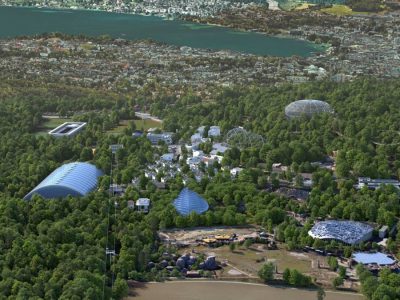 An aerial rendering of the planned Zoo Zurich site looking toward the lake