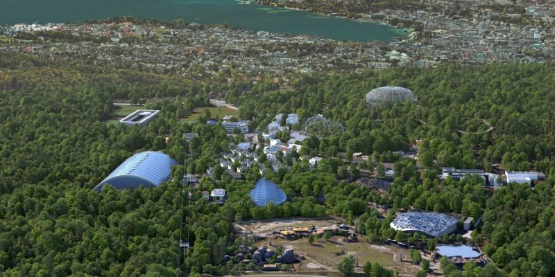An aerial rendering of the planned Zoo Zurich site looking toward the lake