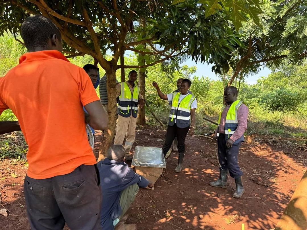 A group of farmers and trainers in high-visibility vests stand around a Kenya Top Bar beehive resting on red soil beneath a mango tree, one man crouching beside the hive while another holds a coil of wire.