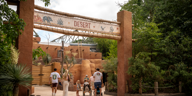 Visitors walk beneath a tall adobe-style gateway with a sign reading Desert, with cacti and planting on either side.
