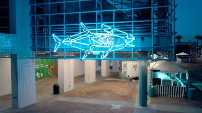 A large illuminated sculpture shaped like a tuna glows against a dark city street outside the entrance to Audubon Aquarium, its surface lit in shifting colors.