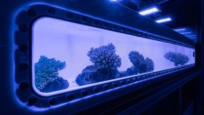 A long, brightly lit aquarium tank glowing blue in a dark room, holding several branching and plating coral colonies on a pale sand bed.