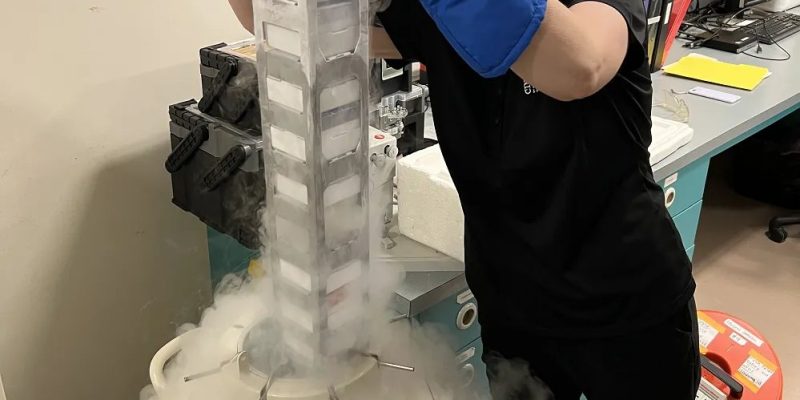 A researcher in heavy blue cryogenic gloves lifts a tall rack of labeled sample canes out of a liquid nitrogen storage tank in a laboratory, with white vapor pouring down over the tank and across the floor.