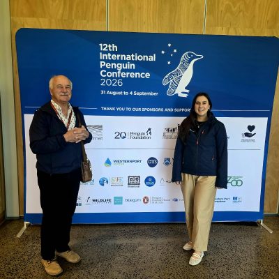 A man and a woman stand either side of a large blue banner reading 12th International Penguin Conference 2026, 31 August to 4 September.