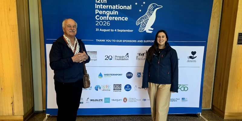 A man and a woman stand either side of a large blue banner reading 12th International Penguin Conference 2026, 31 August to 4 September.