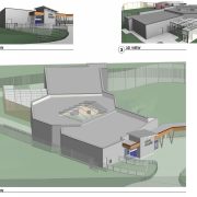 Three architectural renderings of a proposed Lion House at Como Park Zoo showing the entrance, roof and attached mesh-covered outdoor yard