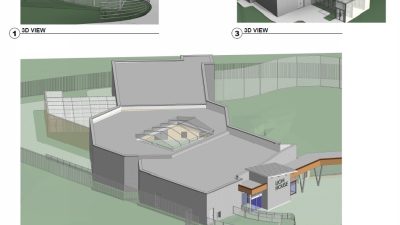 Three architectural renderings of a proposed Lion House at Como Park Zoo showing the entrance, roof and attached mesh-covered outdoor yard