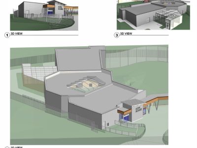 Three architectural renderings of a proposed Lion House at Como Park Zoo showing the entrance, roof and attached mesh-covered outdoor yard
