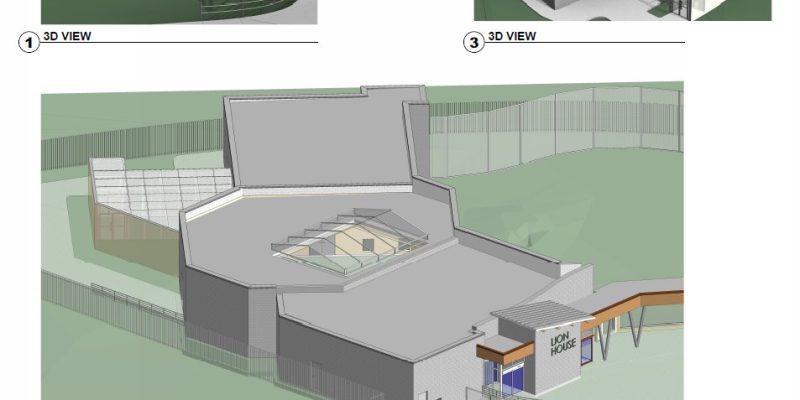 Three architectural renderings of a proposed Lion House at Como Park Zoo showing the entrance, roof and attached mesh-covered outdoor yard