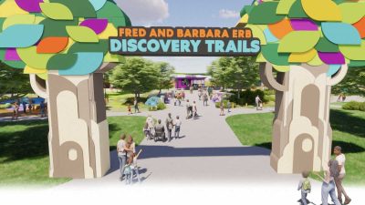 Rendering of the Fred and Barbara Erb Discovery Trails entrance arch with stylized trees and visitors walking through