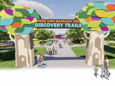 Rendering of the Fred and Barbara Erb Discovery Trails entrance arch with stylized trees and visitors walking through