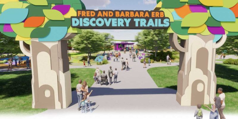 Rendering of the Fred and Barbara Erb Discovery Trails entrance arch with stylized trees and visitors walking through