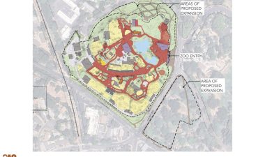 Aerial site plan of the Sacramento Zoo in William Land Park with dashed outlines marking areas of proposed expansion to the north and east