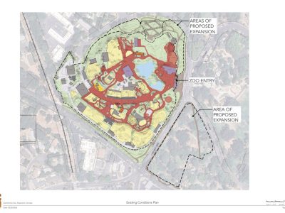 Aerial site plan of the Sacramento Zoo in William Land Park with dashed outlines marking areas of proposed expansion to the north and east