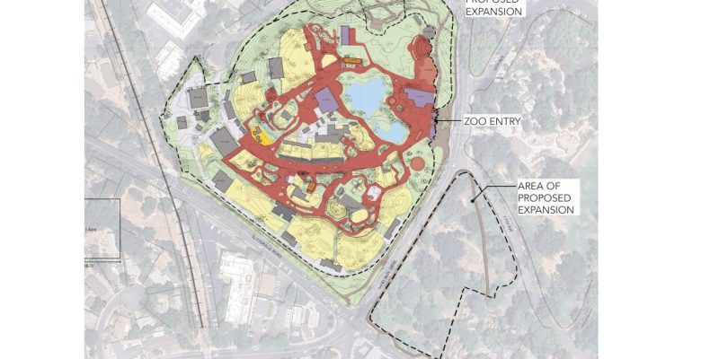 Aerial site plan of the Sacramento Zoo in William Land Park with dashed outlines marking areas of proposed expansion to the north and east