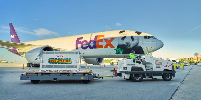 A FedEx Boeing 777 with a giant panda painted across its nose stands on the tarmac at Hartsfield-Jackson International Airport under a clear blue sky, with a white shipping crate marked FedEx and Zoo Atlanta loaded on a wheeled dolly in front of the aircraft and a ground handler driving the tug that is towing it.