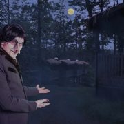 A pale, gaunt undertaker character in a long gray coat gestures toward wooden cabins in a misty moonlit forest.