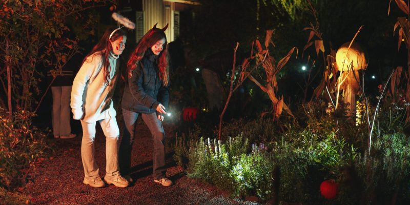 Two children in Halloween headbands walk a gravel path at night with a flashlight, past autumn planting lit from below, dried cornstalks and a carved pumpkin, with a pale wooden house behind them.