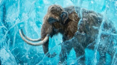 Promotional graphic for Ice Age Invasion showing a woolly mammoth with long curved tusks and shaggy brown hair standing among cracked blue ice