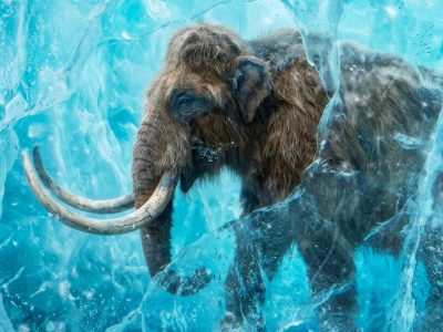 Promotional graphic for Ice Age Invasion showing a woolly mammoth with long curved tusks and shaggy brown hair standing among cracked blue ice