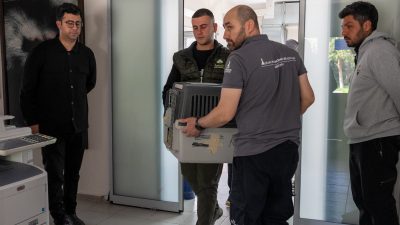 Four men in a clinic corridor, two of them carrying a plastic animal transport crate through a doorway toward a garden outside.