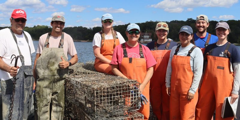 Nine people in orange and tan waders stand smiling on the deck of a boat on Long Island Sound behind a stack of encrusted lobster traps recovered from the seafloor, with a wooded shoreline behind them