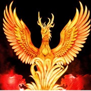 A large illuminated lantern of a phoenix with outstretched wings, glowing orange and yellow against a dark sky.