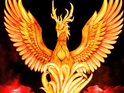 A large illuminated lantern of a phoenix with outstretched wings, glowing orange and yellow against a dark sky.
