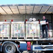 Pallets of donated zoo supplies being prepared for shipment to Ukraine