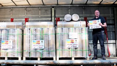 Pallets of donated zoo supplies being prepared for shipment to Ukraine