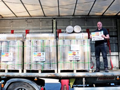 Pallets of donated zoo supplies being prepared for shipment to Ukraine