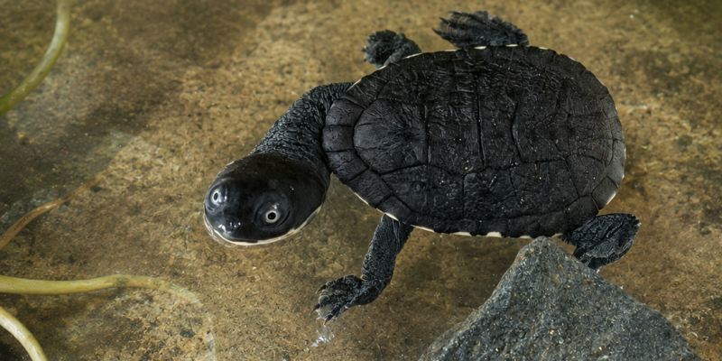 A small dark turtle with a neck as long as its shell walks across a sandy underwater surface beside a rock and green leaves.