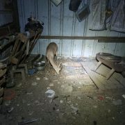 A mountain gazelle stands with her head lowered to the floor of a corrugated metal shed at night, among scattered timber, feed bowls and debris, with poultry roosting on a frame behind her.