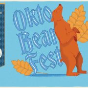 Illustrated promotional graphic for OktoBEARfest showing a brown bear standing upright holding hop vines, with a banner reading Saturday Afternoon October 17th and a stein of beer.