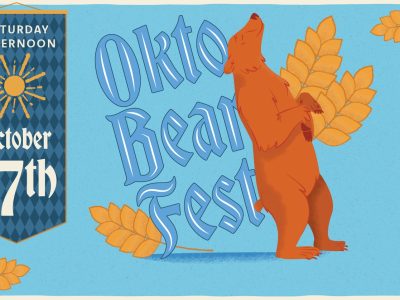 Illustrated promotional graphic for OktoBEARfest showing a brown bear standing upright holding hop vines, with a banner reading Saturday Afternoon October 17th and a stein of beer.