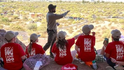Two City of Phoenix park rangers in uniform stand outdoors with a group of children, pointing toward desert vegetation under a bright sky.