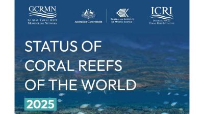 The cover of a scientific report titled Status of Coral Reefs of the World 2025, white type over an underwater photograph of a shallow reef with small fish, carrying the logos of the Global Coral Reef Monitoring Network, the Australian Government, the Australian Institute of Marine Science and the International Coral Reef Initiative.